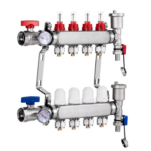 4-grenet strålevarmemanifold til 1/2 PEX-rør, gulvvarmemanifold sæt, effektiv opvarmning, holdbar konstruktion, nem installation.