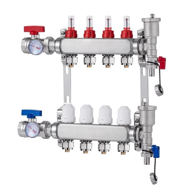 4-grenet strålevarmemanifold til 1/2 PEX-rør, gulvvarmemanifold sæt, effektiv opvarmning, holdbar konstruktion, nem installation.