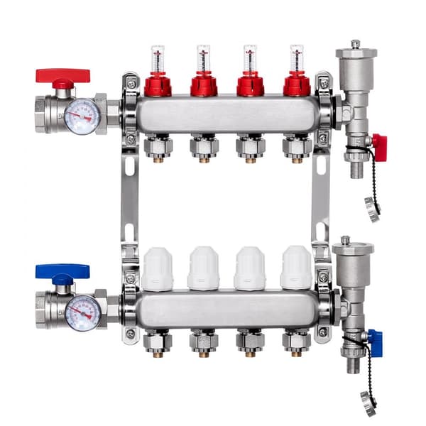 4-grenet strålevarmemanifold til 1/2 PEX-rør, gulvvarmemanifold sæt, effektiv opvarmning, holdbar konstruktion, nem installation.