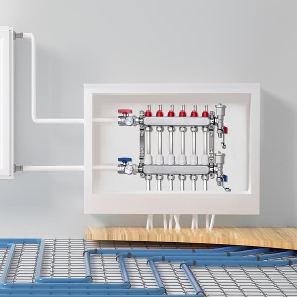 6-grenet strålevarmemanifold 1/2, PEX-rør, komplet gulvvarmesystem, hurtig installation, effektiv varmefordeling.