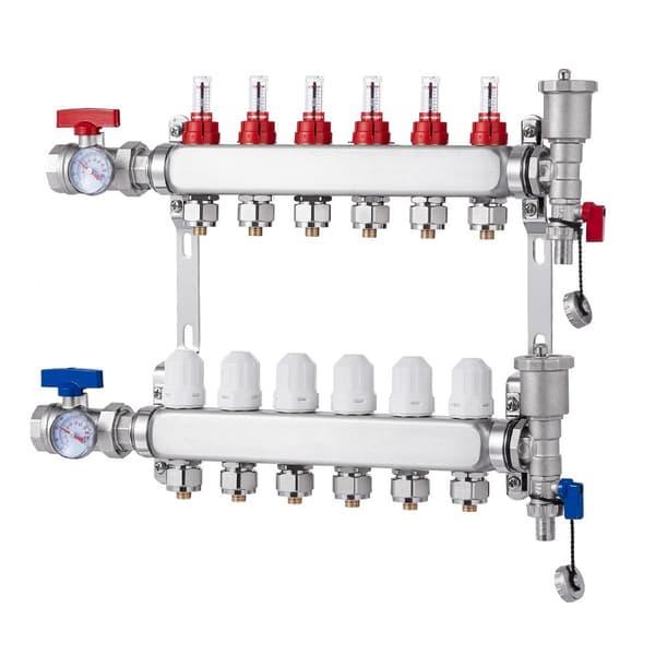 6-grenet strålevarmemanifold 1/2, PEX-rør, komplet gulvvarmesystem, hurtig installation, effektiv varmefordeling.