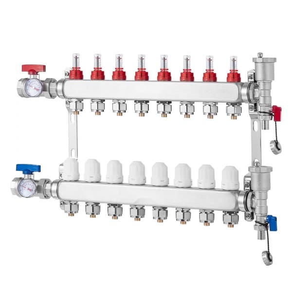 8-grenet strålevarmemanifold 1/2, PEX-rør gulvvarme manifold sæt, effektiv varmefordeling, holdbar konstruktion, nem installation.