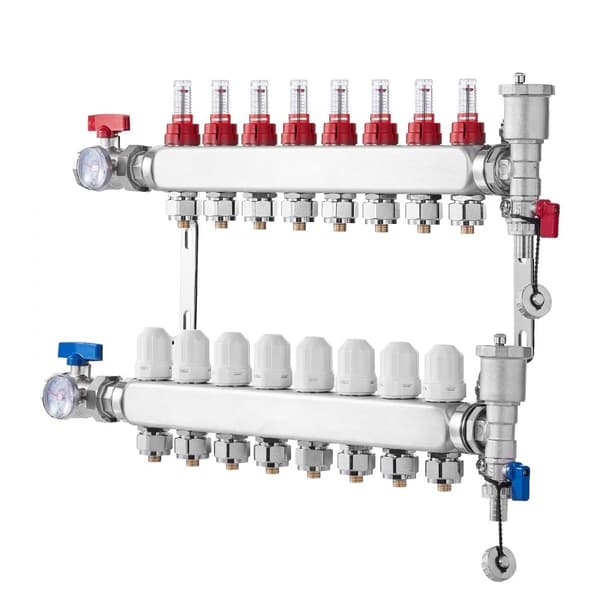 8-grenet strålevarmemanifold 1/2, PEX-rør gulvvarme manifold sæt, effektiv varmefordeling, holdbar konstruktion, nem installation.