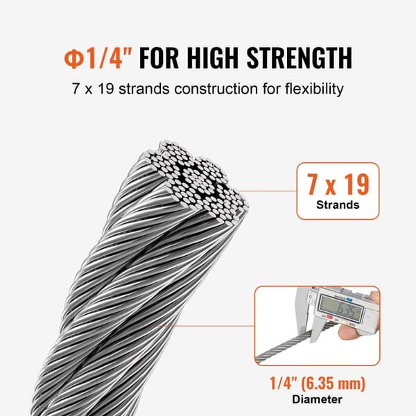 Kulstofstålkabel 1/4, 7x19 tråde, 250 fod stålvire reb, robust gelænder kabel, høj kvalitet, langvarig holdbarhed.