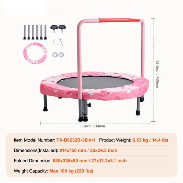 36” mini-trampolin til børn, sammenfoldelig, indendørs og udendørs brug, sikker og sjov leg.