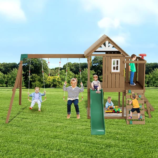 Trägungor 9-i-1 Utomhus Lekplats Set, 6 FT Rutschkana, Roligt Lekäventyr för Barn, Hållbar Design, Perfekt för Trädgården