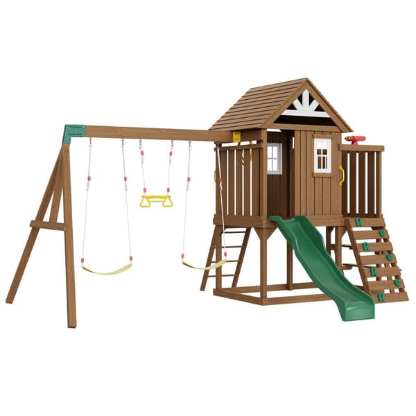 Trägungor 9-i-1 Utomhus Lekplats Set, 6 FT Rutschkana, Roligt Lekäventyr för Barn, Hållbar Design, Perfekt för Trädgården