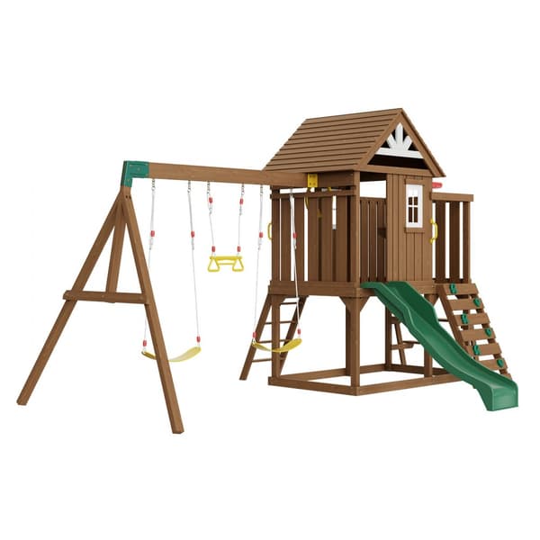 Trägungor 9-i-1 Utomhus Lekplats Set, 6 FT Rutschkana, Roligt Lekäventyr för Barn, Hållbar Design, Perfekt för Trädgården