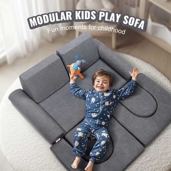 Modulär leksoffa för barn, 10 st DIY sektionsoffa, grå, anpassningsbar, barnvänlig, perfekt för lekrum, hög kvalitet, enkel montering