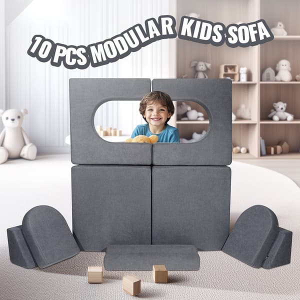 Modulär leksoffa för barn, 10 st DIY sektionsoffa, grå, anpassningsbar, barnvänlig, perfekt för lekrum, hög kvalitet, enkel montering