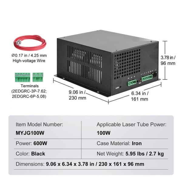 CO2 Laser Strömförsörjning 100W, för Graverare och Skärare, Effektiv, Pålitlig, Optimal Prestanda, Hållbarhet