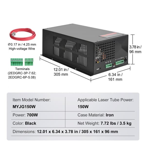 CO2-laservirtalähde 150W kaivertimille ja leikkureille, tehokas ja kestävä, erinomainen tarkkuus ja nopeus.