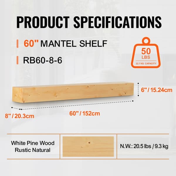 Öppen spismantel, trähylla, rustik design, 60 naturlig finish, elegant och funktionell, perfekt för hem och stugor