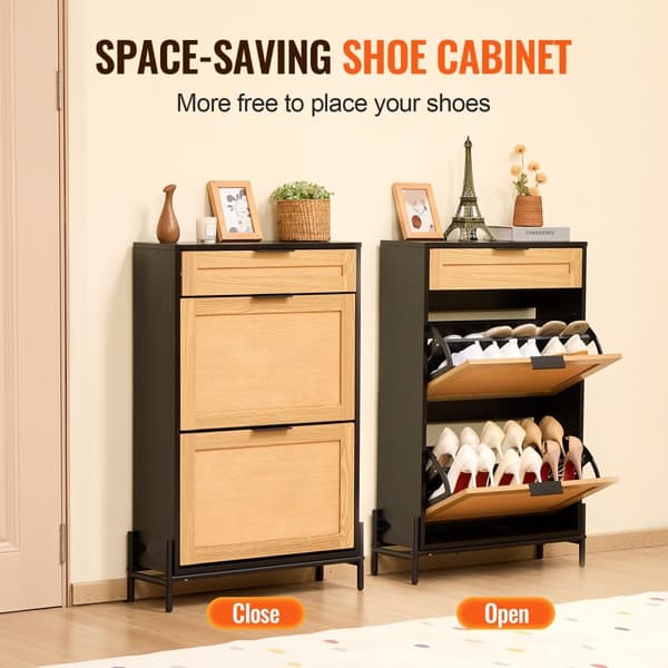 Rattan Skoskab 2 Flip Skuffer & 1 Slide Skuffe, Sort Sko Organizer, Pladsbesparende Design, Elegant Opbevaring.