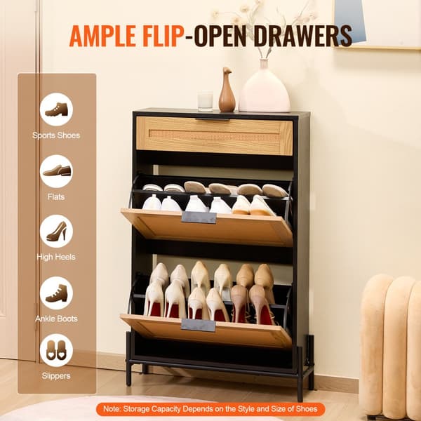Rattan Skoskab 2 Flip Skuffer & 1 Slide Skuffe, Sort Sko Organizer, Pladsbesparende Design, Elegant Opbevaring.