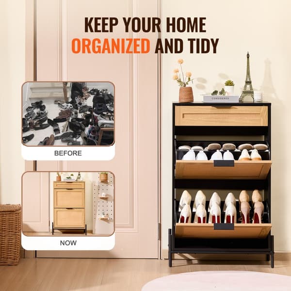 Rattan Skoskab 2 Flip Skuffer & 1 Slide Skuffe, Sort Sko Organizer, Pladsbesparende Design, Elegant Opbevaring.