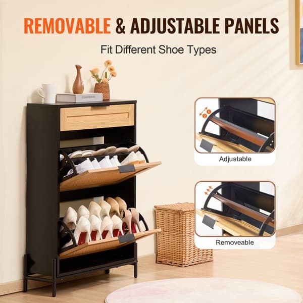 Rattan Skoskab 2 Flip Skuffer & 1 Slide Skuffe, Sort Sko Organizer, Pladsbesparende Design, Elegant Opbevaring.