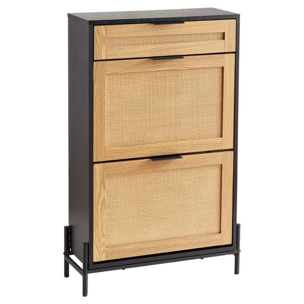 Rattan Skoskab 2 Flip Skuffer & 1 Slide Skuffe, Sort Sko Organizer, Pladsbesparende Design, Elegant Opbevaring.