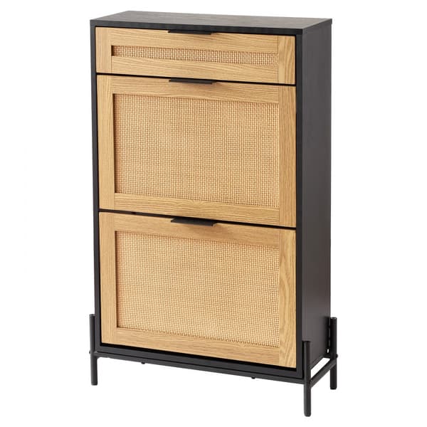 Rattan Skoskab 2 Flip Skuffer & 1 Slide Skuffe, Sort Sko Organizer, Pladsbesparende Design, Elegant Opbevaring.