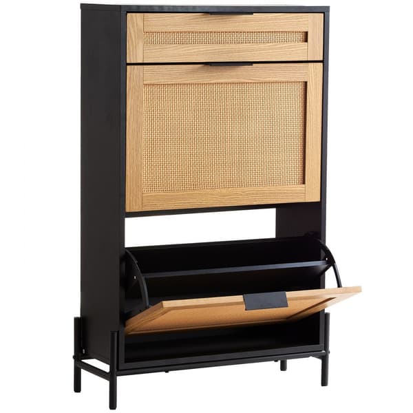 Rattan Skoskab 2 Flip Skuffer & 1 Slide Skuffe, Sort Sko Organizer, Pladsbesparende Design, Elegant Opbevaring.