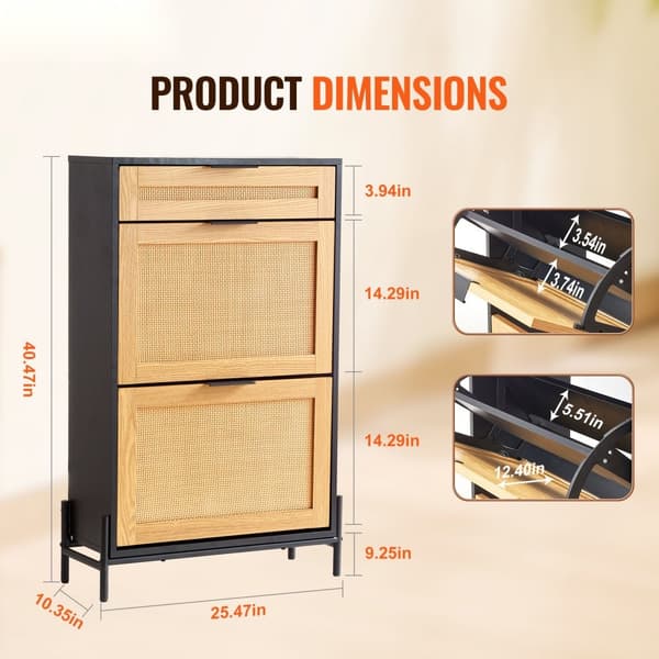 Rattan Skoskab 2 Flip Skuffer & 1 Slide Skuffe, Sort Sko Organizer, Pladsbesparende Design, Elegant Opbevaring.