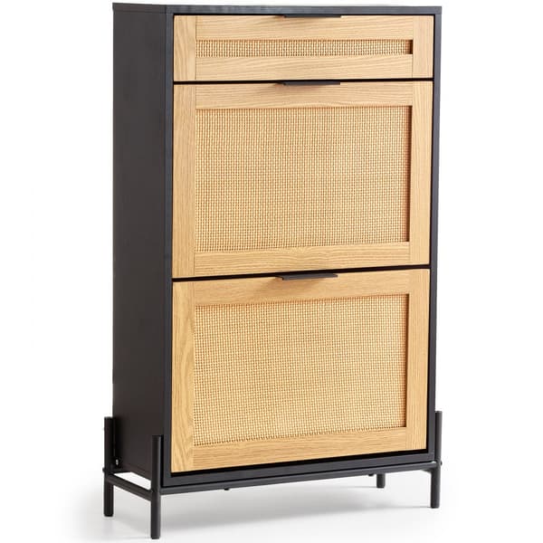Rattan Skoskab 2 Flip Skuffer & 1 Slide Skuffe, Sort Sko Organizer, Pladsbesparende Design, Elegant Opbevaring.