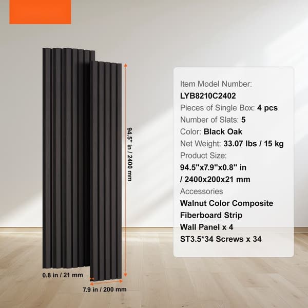 Akustikpaneler i trælameller 7,9 x 94,5 tommer, moderne vægdekoration, sort eg, lydabsorberende design.