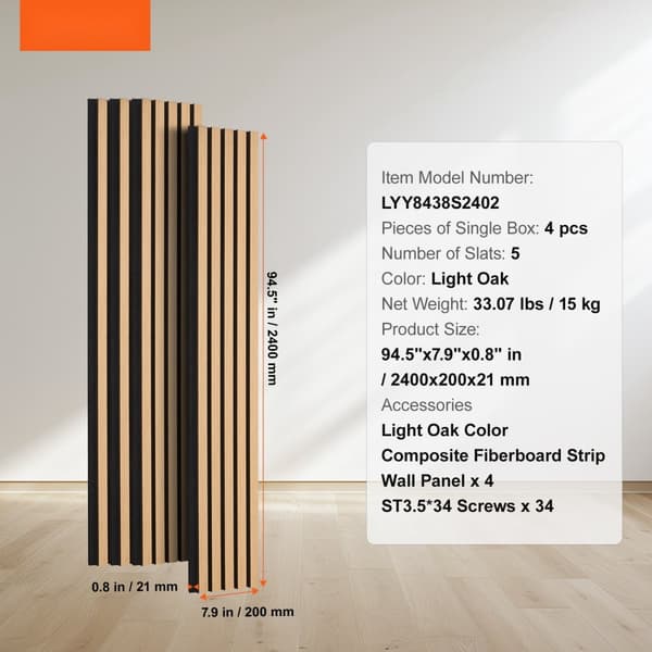 Trælameller Akustikpaneler 7,9 x 94,5 Tommer, Moderne Vægdekoration, Lys Eg, Bæredygtig Design, Høj Kvalitet.