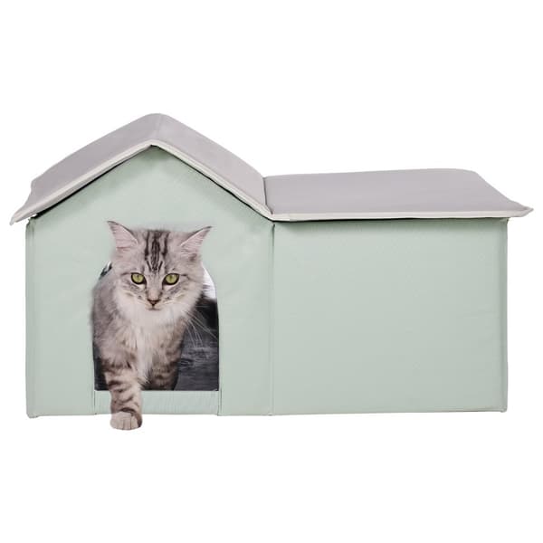 Opvarmet Kattehus Foldbart Kitty Shelter med Opvarmet Pad, Grøn, Stort, Hurtig Opvarmning, Komfortabelt Design.