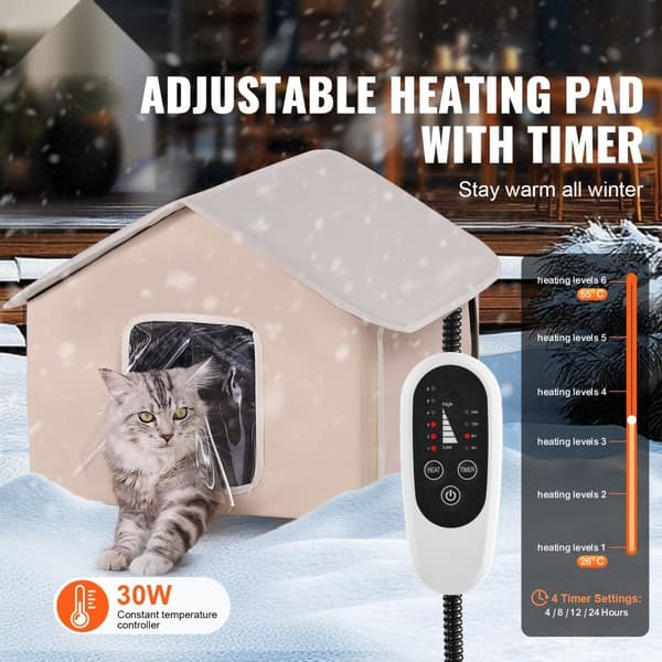 Uppvärmd Katthus Kitty Shelter, mysig och trygg, hållbar design, väderbeständig, optimal värme för katter, uppvärmd pad, brun mitten