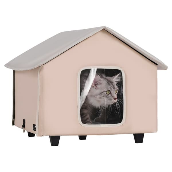 Uppvärmd Katthus Kitty Shelter, mysig och trygg, hållbar design, väderbeständig, optimal värme för katter, uppvärmd pad, brun mitten