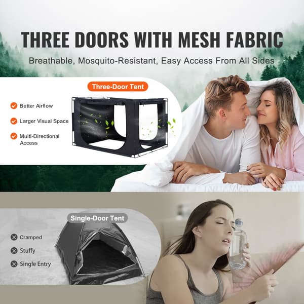 Sängtält 3 dörrar, andningsbart, 70% mörkläggning, lätt att montera, fiberstänger, perfekt för camping och utomhusbruk