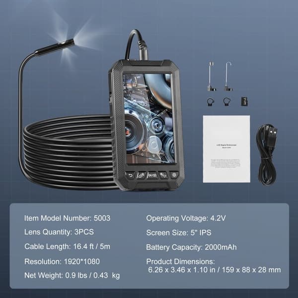 Endoskopkamera med lys, 3-linse boreskop, 16,4 FT kabel, 5 skærm, digital visning, perfekt til inspektion og reparation.