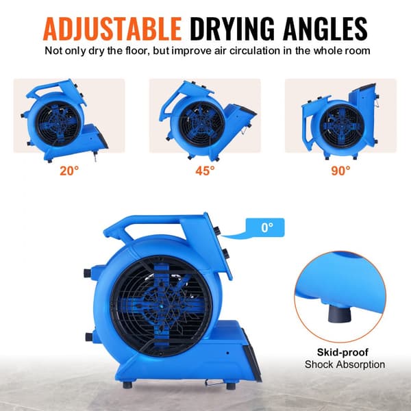 Gulvblæser 1250 RPM, 2600 CFM Luftflytter, 4 blæsevinkler, 3 hastigheder, effektiv ventilation og hurtig tørring.