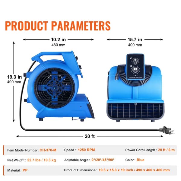 Gulvblæser 1250 RPM, 2600 CFM Luftflytter, 4 blæsevinkler, 3 hastigheder, effektiv ventilation og hurtig tørring.