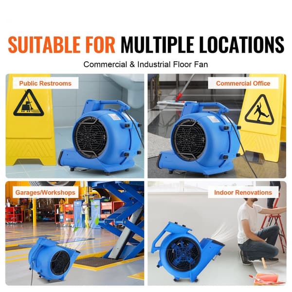 Gulvblæser 1250 RPM, 2600 CFM Luftflytter, 4 blæsevinkler, 3 hastigheder, effektiv ventilation og hurtig tørring.