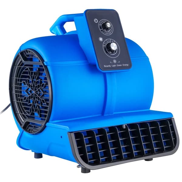 Gulvblæser 1250 RPM, 2600 CFM Luftflytter, 4 blæsevinkler, 3 hastigheder, effektiv ventilation og hurtig tørring.