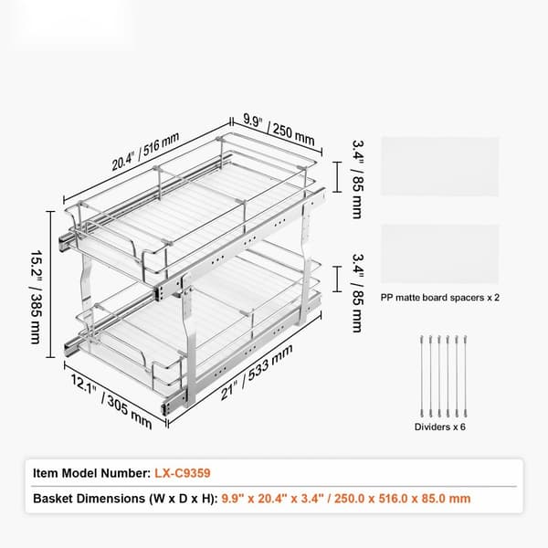 Trådudtræksskab til vask, 2-lags organizer, 12x21 skuffekurv, pladsbesparende, holdbar design, perfekt til opbevaring.