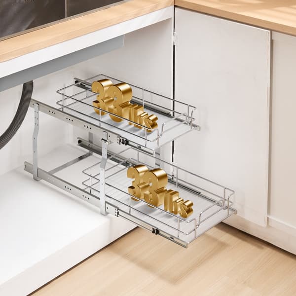 Trådudtræksskab til vask, 2-lags organizer, 12x21 skuffekurv, pladsbesparende, holdbar design, perfekt til opbevaring.