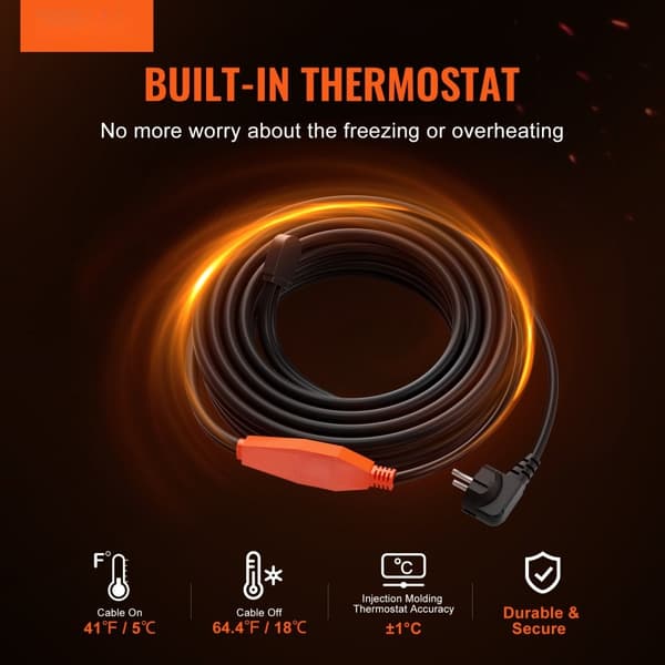 Putkilämmityskaapeli 9m, 23W/m, Lämpöteippi Termostaatilla, energiatehokas, joustavat käyttömahdollisuudet