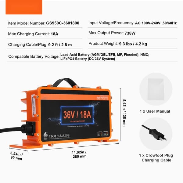 36 Volt 18 AMP Golfvogn Batterioplader til Club Car, EZGO, Yamaha, hurtig opladning, lang holdbarhed, god kompatibilitet.