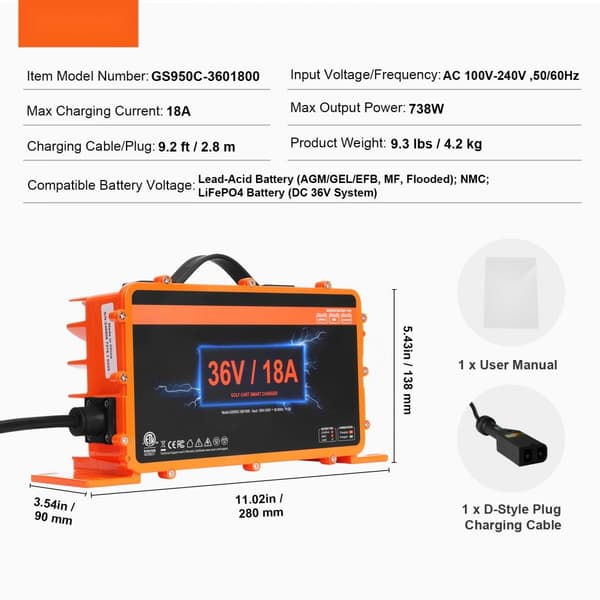 36V 18AMP Smart Golfvogn Batterioplader til EZGO D-Style, IP67, ETL, Hurtig Opladning, Lang Levetid