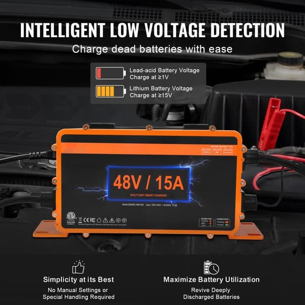 48 Volt 15 AMP Smart batterioplader til EZGO TXT RXV Golfvogn, IP67, ETL-godkendt, hurtig opladning