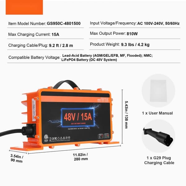 48 Volt 15 AMP Golfvogn Smart Batterioplader til Yamaha G29, IP67, Vandtæt, Hurtig Opladning, Effektiv Energiforvaltning.