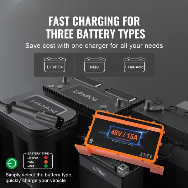 48 Volt 15 AMP Golfvogn Smart Batterioplader til Yamaha G29, IP67, Vandtæt, Hurtig Opladning, Effektiv Energiforvaltning.