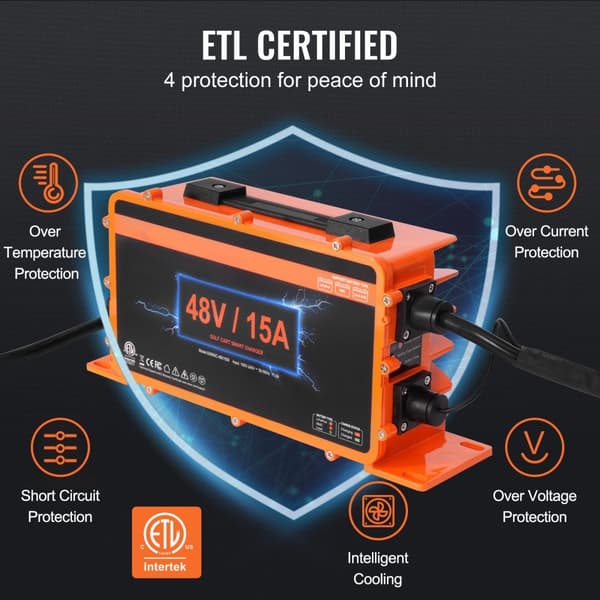 48 Volt 15 AMP Golfvogn Smart Batterioplader til Club Car, 3-Pin Rund, Hurtig Opladning, Kompatibel med Fleste Golfvogne.