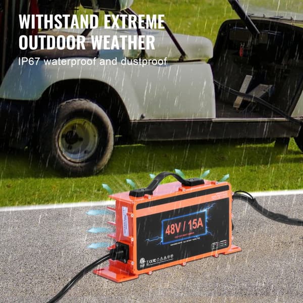 48 Volt 15 AMP Golfvogn Smart Batterioplader til Club Car, 3-Pin Rund, Hurtig Opladning, Kompatibel med Fleste Golfvogne.