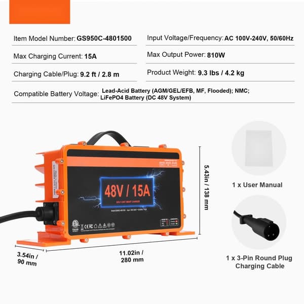 48 Volt 15 AMP Golfvogn Smart Batterioplader til Club Car, 3-Pin Rund, Hurtig Opladning, Kompatibel med Fleste Golfvogne.