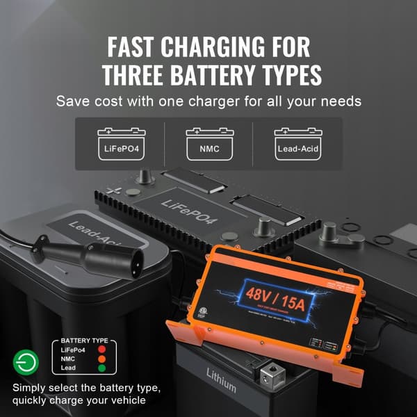 48 Volt 15 AMP Golfvogn Smart Batterioplader til Club Car, 3-Pin Rund, Hurtig Opladning, Kompatibel med Fleste Golfvogne.
