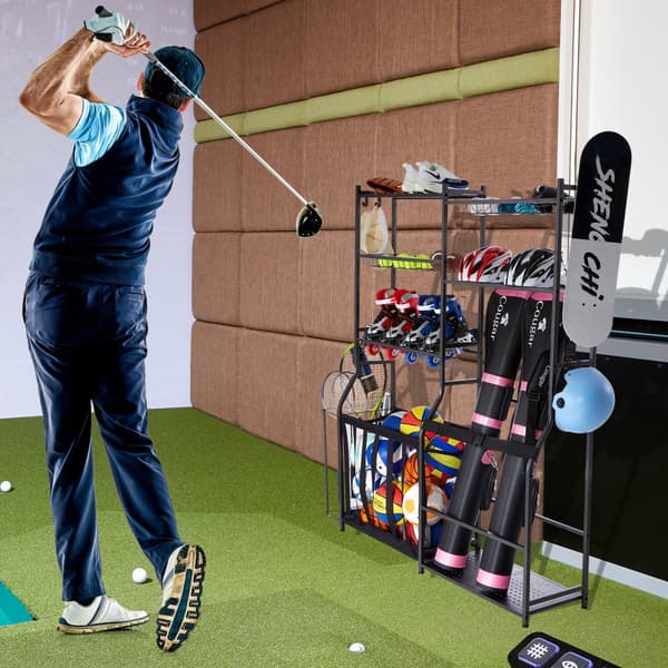 Golf Opbevaring Garage Organizer, 2 Golfbag Stativ Holder, Klub Rack, Boldvogn, Pladsbesparende, Stål, Holdbar, Let At Montere